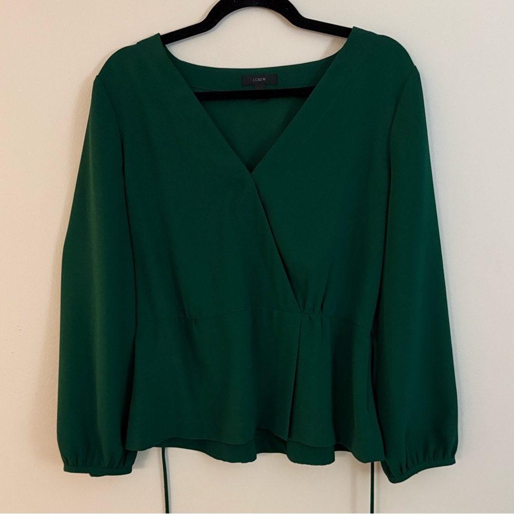 J. Crew Women’s Drapey Crepe Faux Wrap Emerald Green Blouse Size 14
